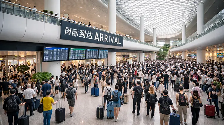 Crowded arrival hall at Guangzhou Baiyun International Airport, passengers looking for transport from Guangzhou Airport to city center.