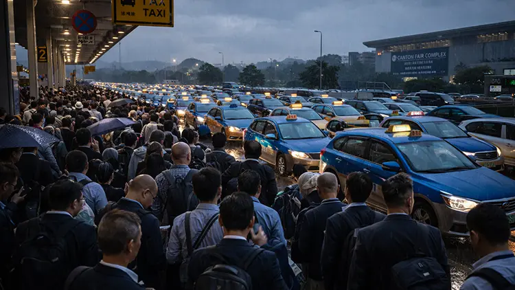 Long queues for taxis and public transport at the Canton Fair exit during peak hours