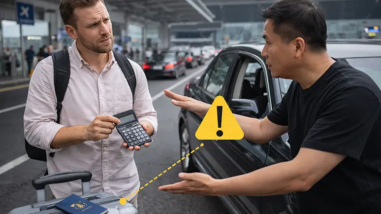 A foreign traveler dealing with an illegal taxi driver, illustrating the importance of Avoiding Taxi Scams in China.